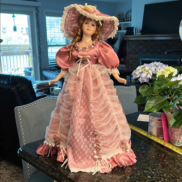Other - Elegant Pink Porcelain Doll with Lace Hat, auburn curls